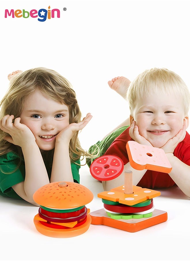 Wooden Sandwich and Hamburger Making Set, Hamburgers and Sandwiches Building Blocks, Kitchen Play House Games， Colorful Creative Kitchen Toy, Imagination- and Creativity-sparking Toys, Ideal Gift fo