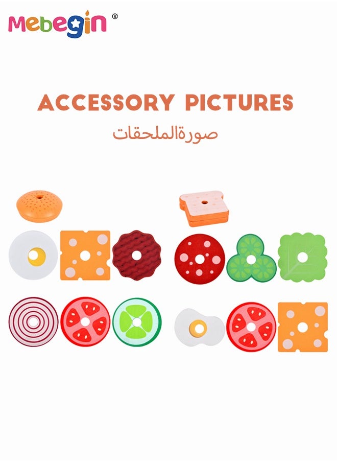 Wooden Sandwich and Hamburger Making Set, Hamburgers and Sandwiches Building Blocks, Kitchen Play House Games， Colorful Creative Kitchen Toy, Imagination- and Creativity-sparking Toys, Ideal Gift fo