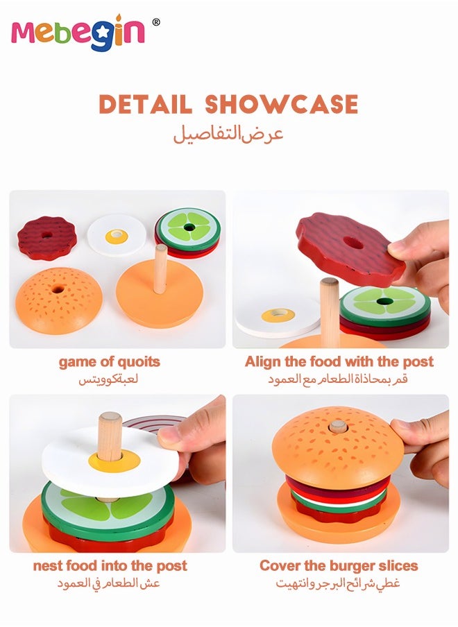 Wooden Sandwich and Hamburger Making Set, Hamburgers and Sandwiches Building Blocks, Kitchen Play House Games， Colorful Creative Kitchen Toy, Imagination- and Creativity-sparking Toys, Ideal Gift fo