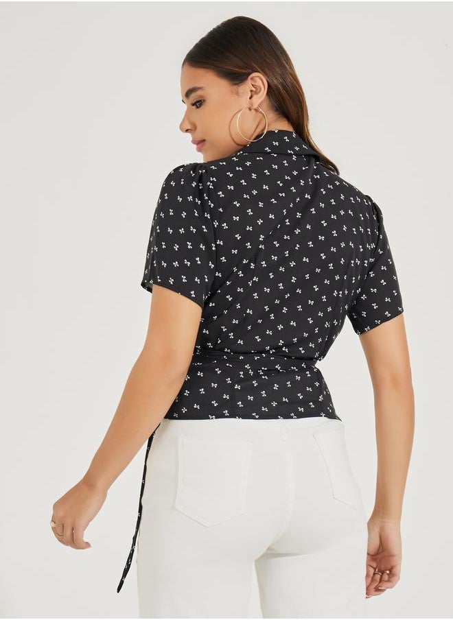 Ribbon Ditsy Print Notch Collar Wrap Top