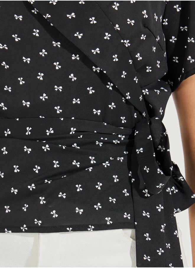 Ribbon Ditsy Print Notch Collar Wrap Top