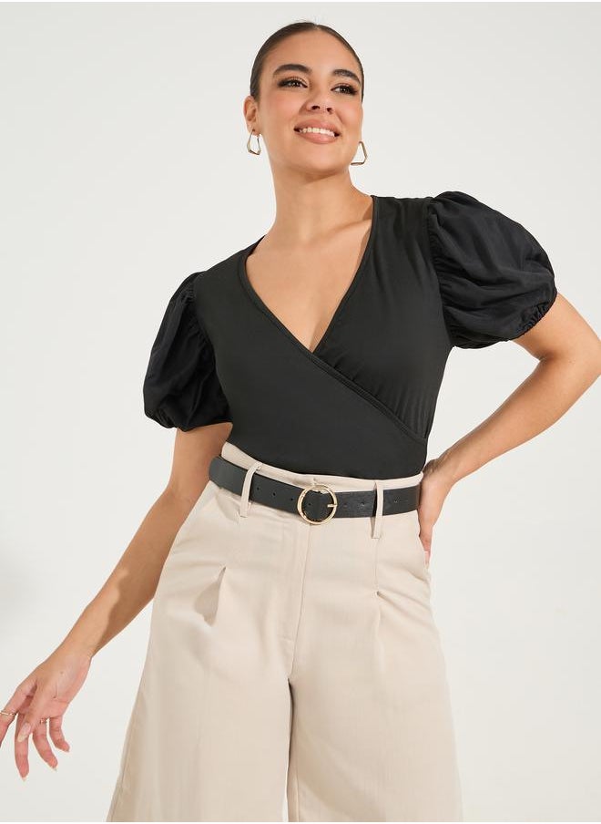 Solid Mock Wrap Top with V Neck & Balloon Sleeve