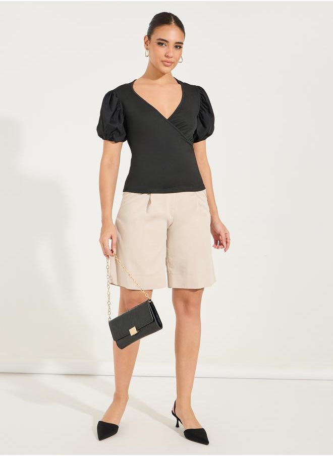 Solid Mock Wrap Top with V Neck & Balloon Sleeve