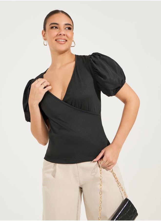 Solid Mock Wrap Top with V Neck & Balloon Sleeve
