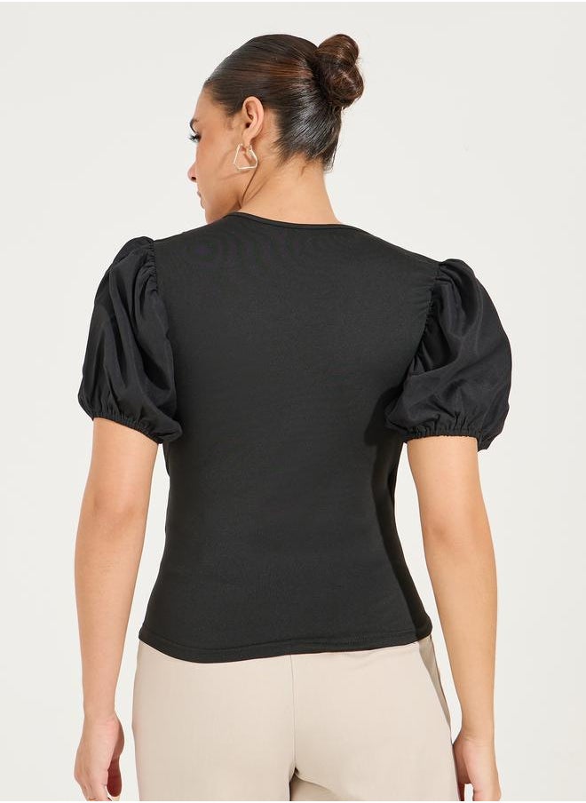 Solid Mock Wrap Top with V Neck & Balloon Sleeve