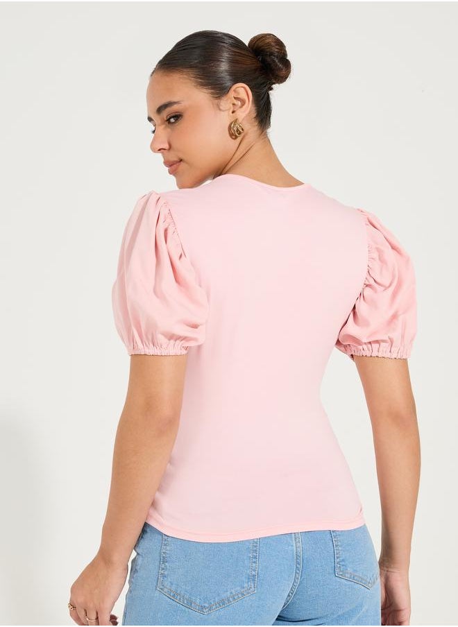 Solid Mock Wrap Top with V Neck & Balloon Sleeve