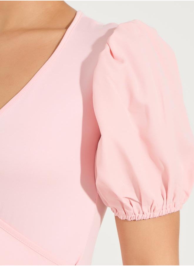 Solid Mock Wrap Top with V Neck & Balloon Sleeve