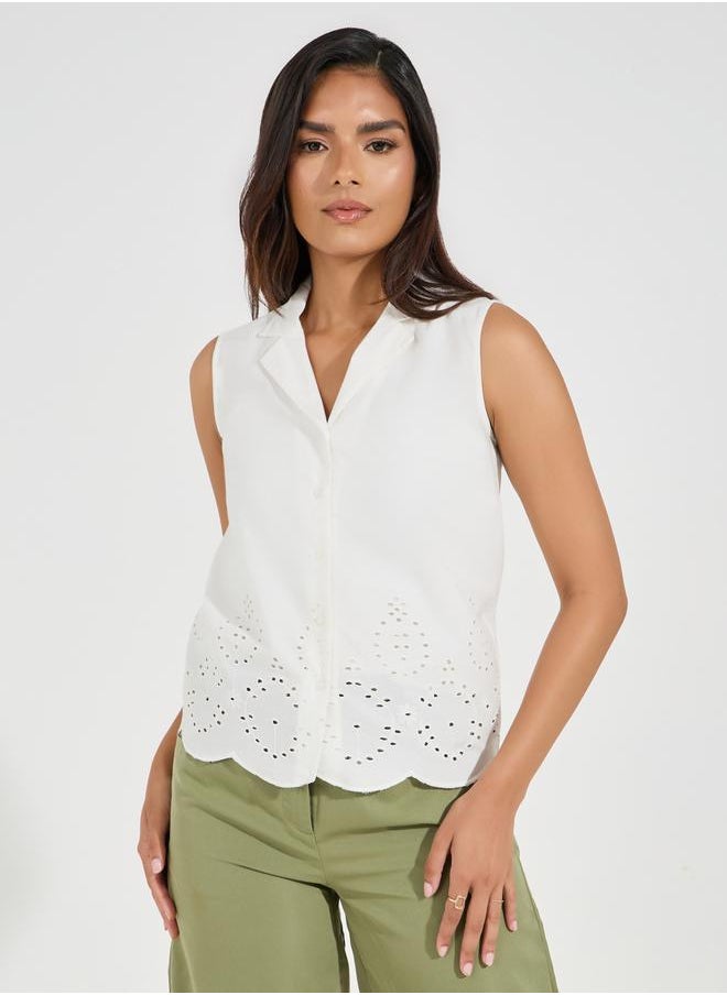Notch Collared Schiffli Border Sleeveless Shirt