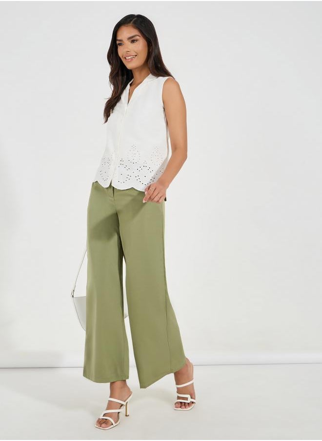 Notch Collared Schiffli Border Sleeveless Shirt