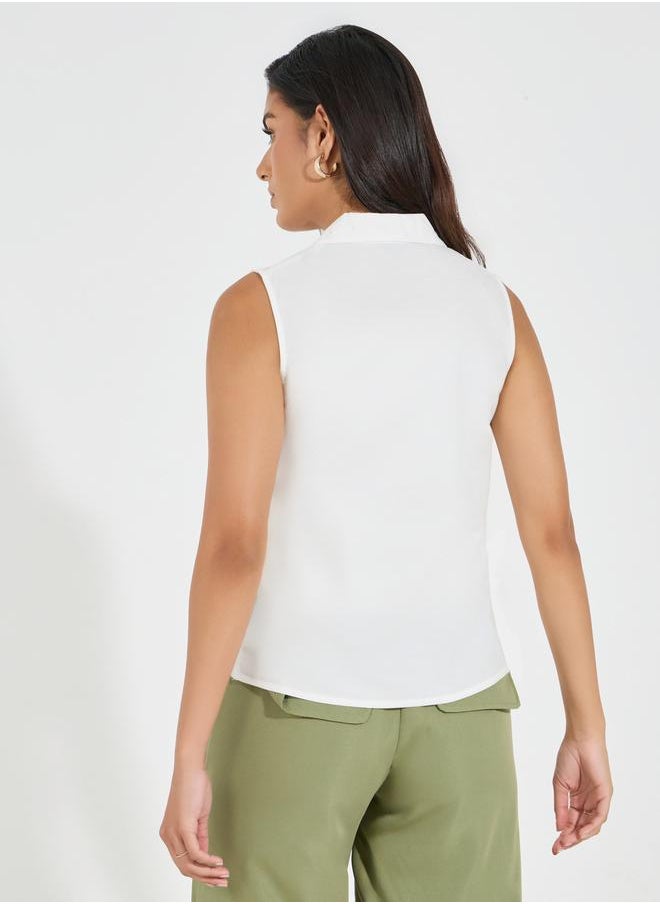 Notch Collared Schiffli Border Sleeveless Shirt