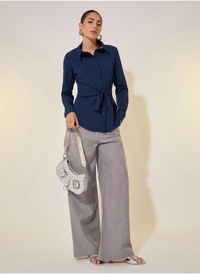Solid Long Sleeve Collared Wrap Top