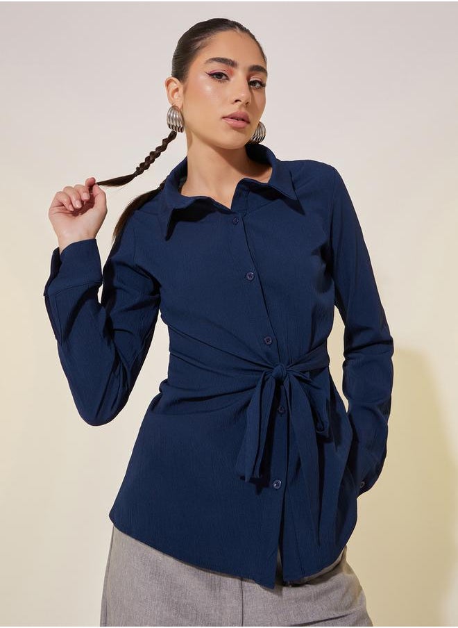 Solid Long Sleeve Collared Wrap Top