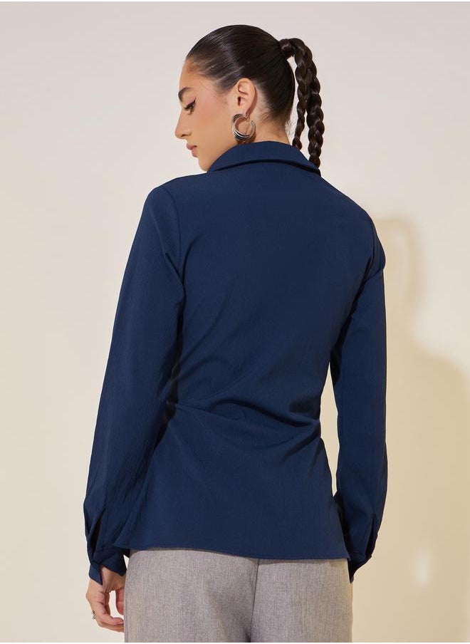 Solid Long Sleeve Collared Wrap Top