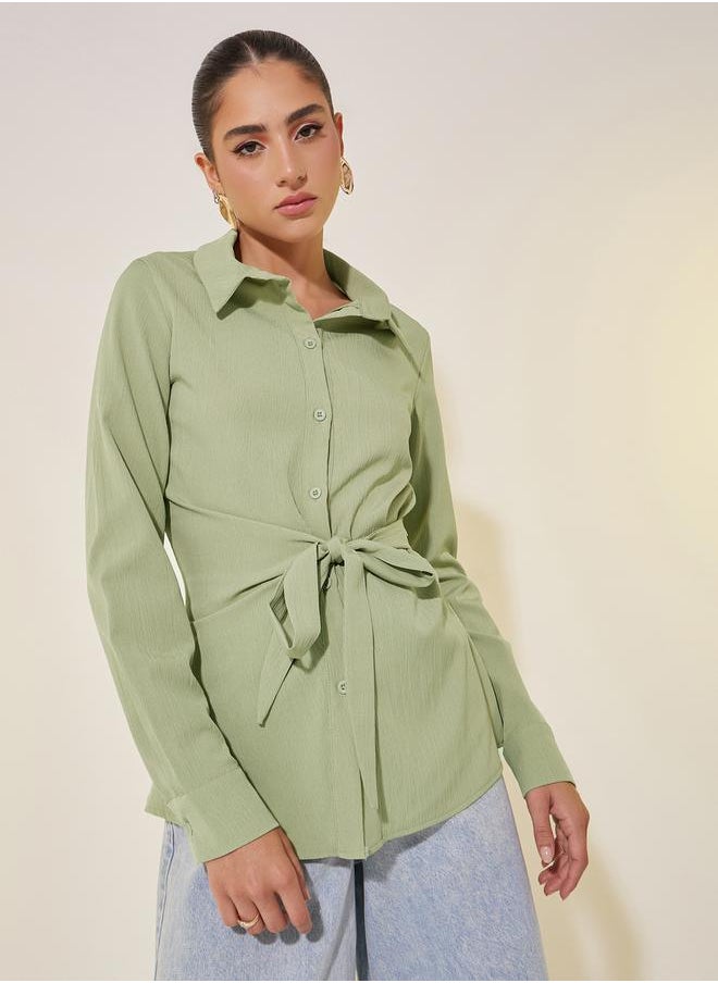 Solid Long Sleeve Collared Wrap Top