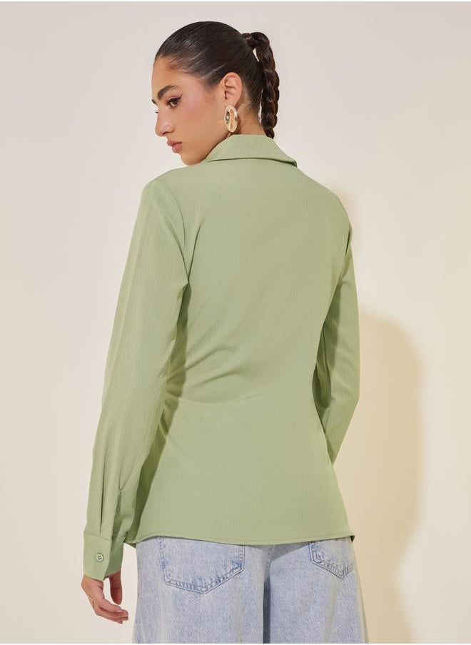 Solid Long Sleeve Collared Wrap Top