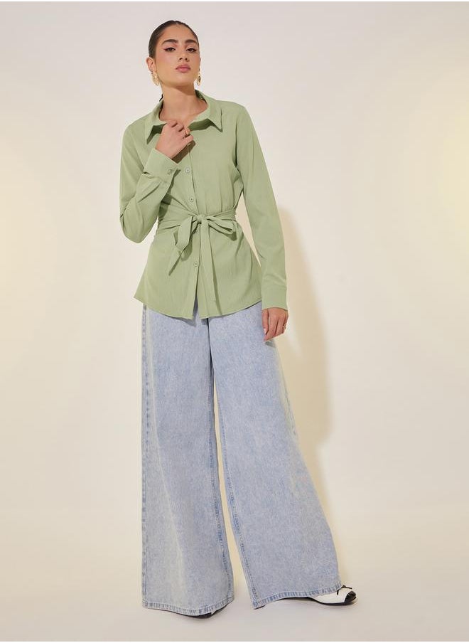 Solid Long Sleeve Collared Wrap Top