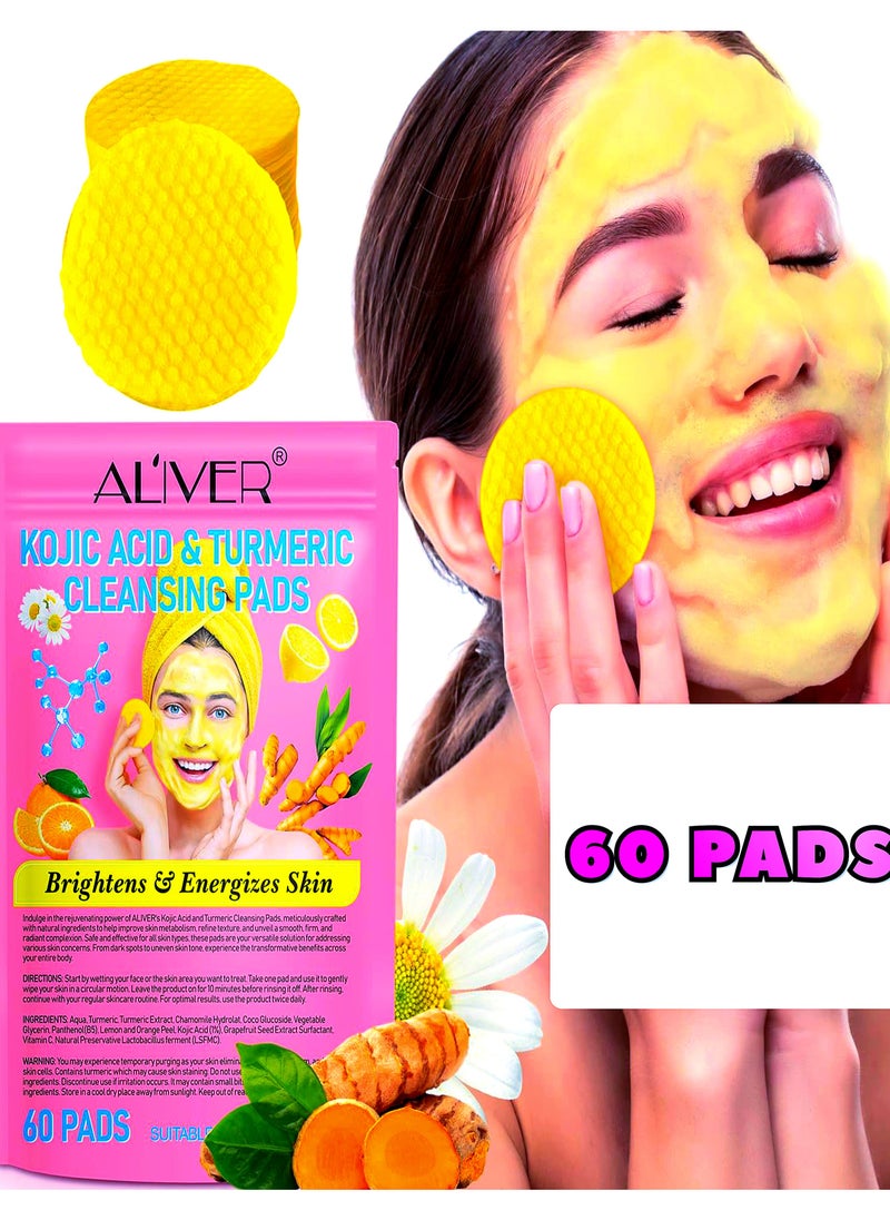 60 Pcs Kojic Acid & Turmeric Cleansing Pads 60 PCS For Dark Spots Turmeric Kojic Acid Cleansing Pads Helps Balance Skin Oil and Water Fade Spot Remove Excess Keratin Clean Oil Refines Pores Turmeric Cleansing Pads