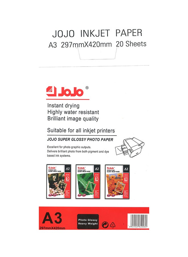 20-Sheets Waterproof A3 Glossy Inkjet Photo Paper 200gsm