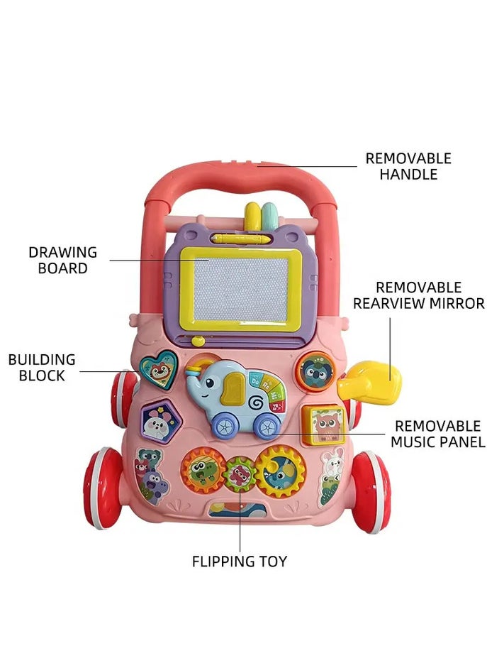 Baby Learning Walker with Drawing Board, Building Blocks, Educational Activities, 8-18 Months (Pink Color)