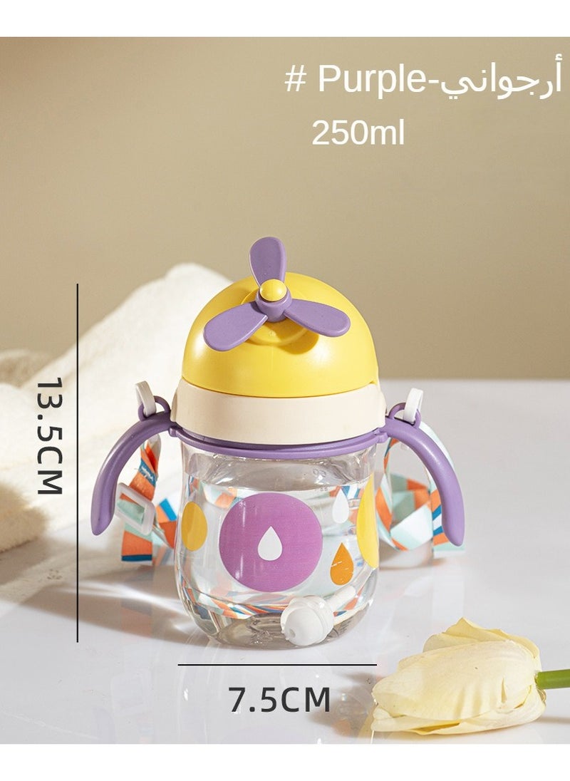 Kids Sippy Cup with Handles, Little kids water bottle. Straw Bottle with Fan Design,Purple