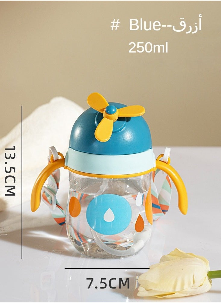 Kids Sippy Cup with Handles, Little kids water bottle. Straw Bottle with Fan Design,Blue