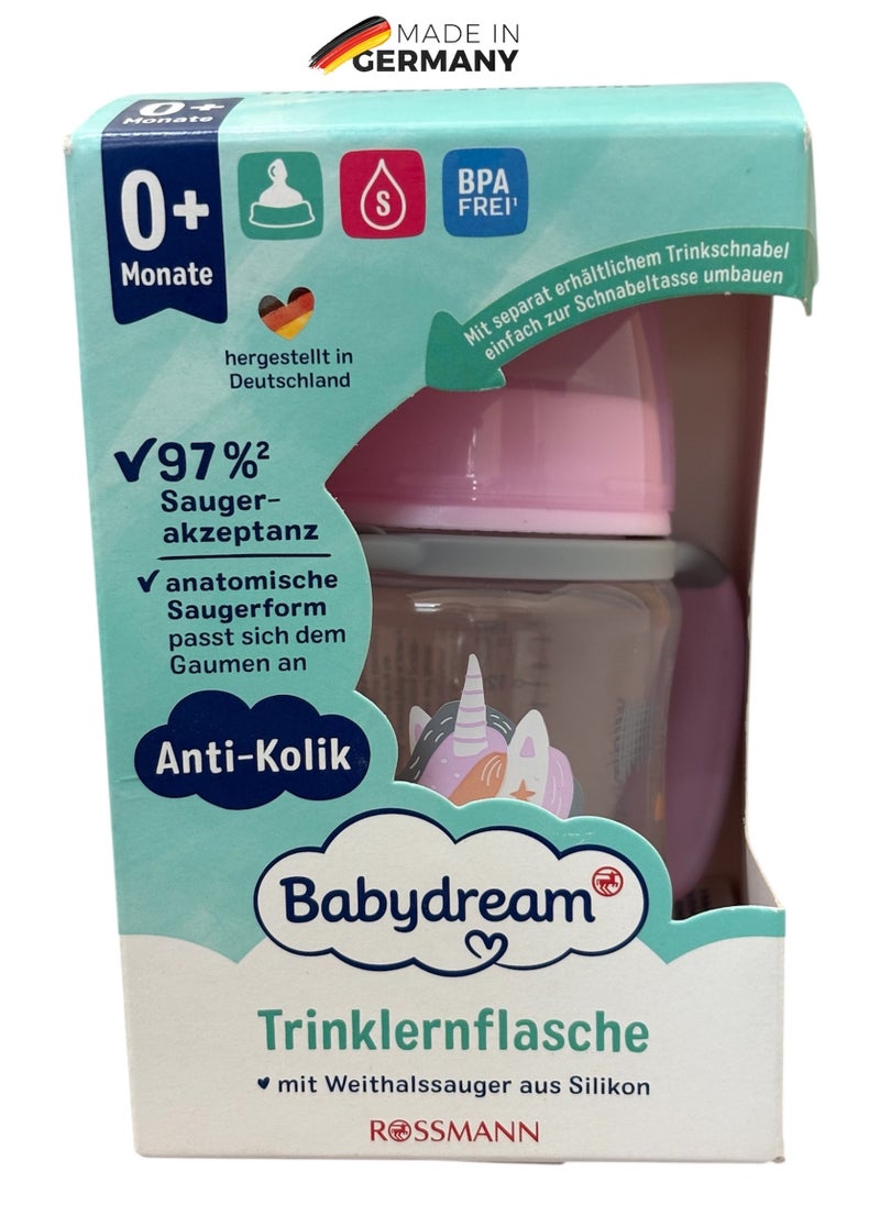 German Brand, Babydream Wide Neck Drinking Bottle Unicorn 150 ml, Size S (0+ Months) – Anatomical Silicone Nipple with Flow-Proof Protective Cap, Ideal for Breast Milk, Tea, and Juice