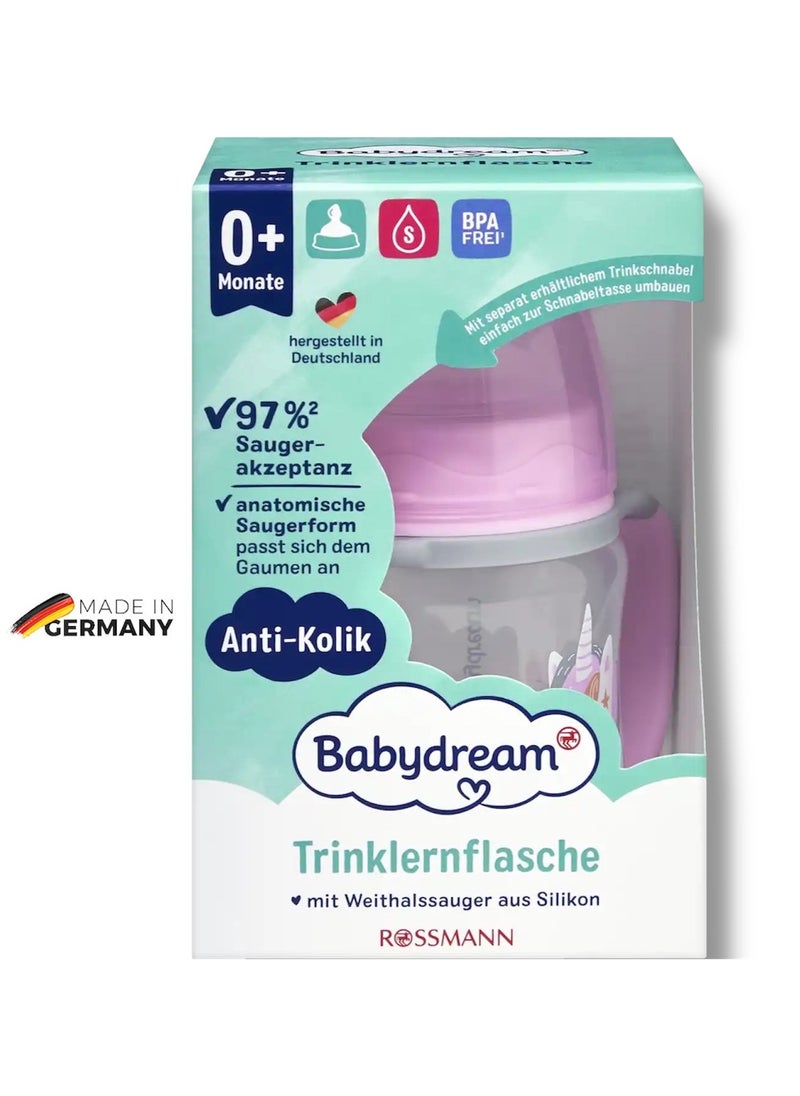 German Brand, Babydream Wide Neck Drinking Bottle Unicorn 150 ml, Size S (0+ Months) – Anatomical Silicone Nipple with Flow-Proof Protective Cap, Ideal for Breast Milk, Tea, and Juice