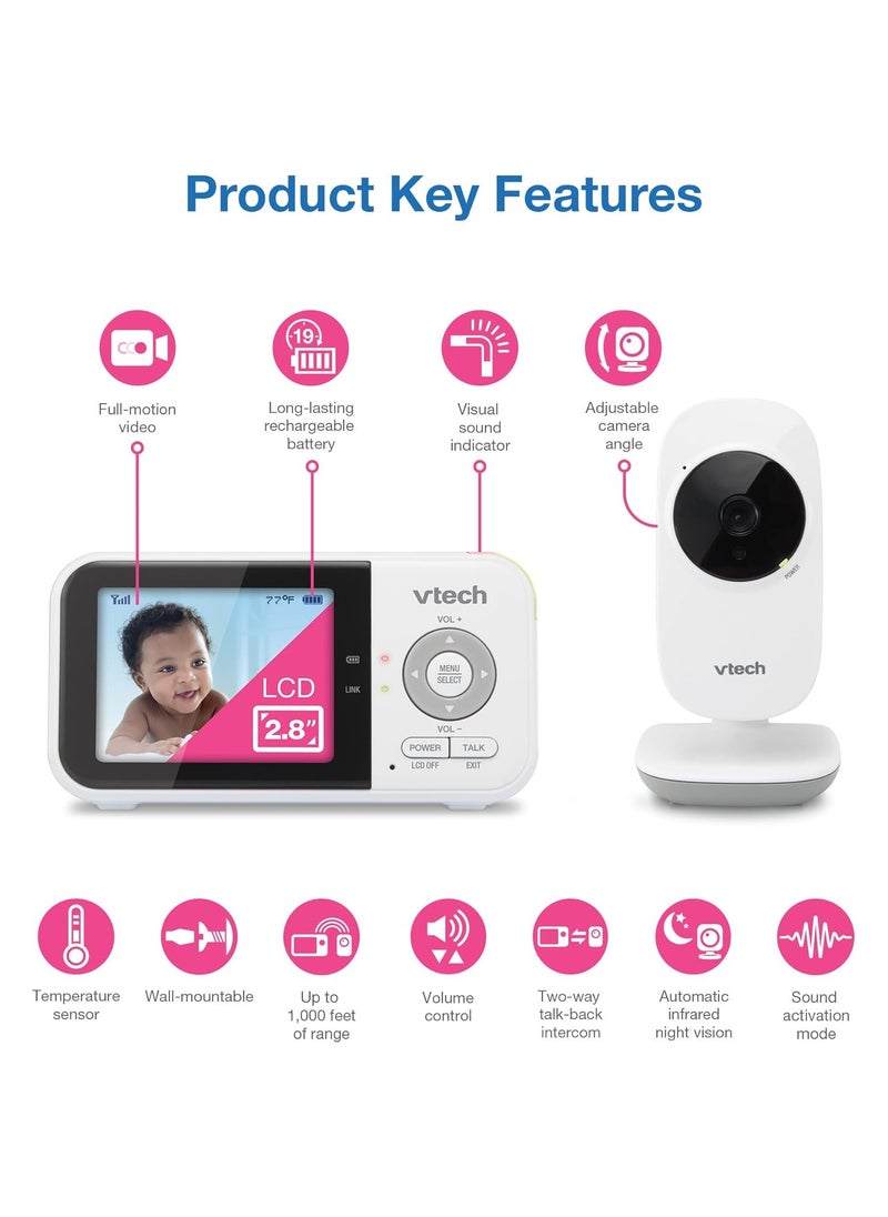 VTech VM819 Baby Monitor with Camera and Audio, 2.8” Screen Portable Baby Camera, Night Vision, 2-Way Audio, Temperature Sensor and Lullabies, Secure Transmission No WiFi