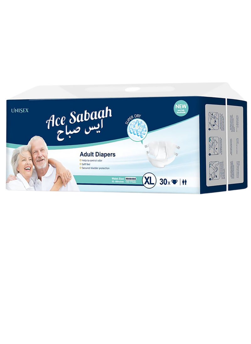 Ace Sabaah Super Dry Adult Diapers, Size XL, Soft Feel, Pack of 30, Waist Size 52-68 Inches, 132-173cm