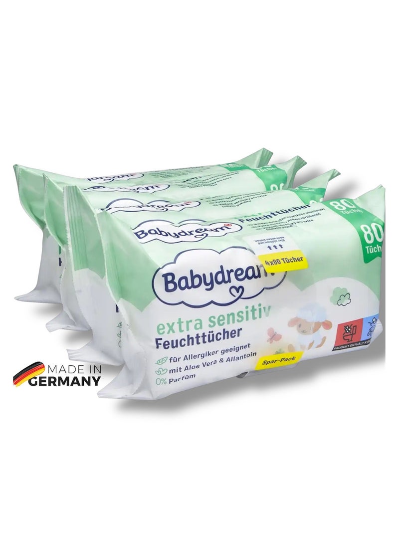 German Brand Wipes , Baby Wipes, Babydream Extra Sensitive Wet Wipes Quattro-Pack, 320 Pieces (4x80) – For Sensitive Skin, Gentle Cleaning, Fragrance-Free, with Aloe Vera & Allantoin.