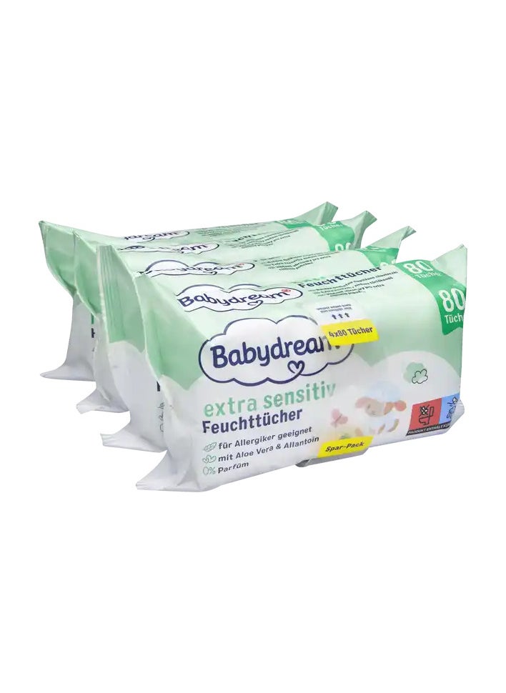 German Brand Wipes , Baby Wipes, Babydream Extra Sensitive Wet Wipes Quattro-Pack, 320 Pieces (4x80) – For Sensitive Skin, Gentle Cleaning, Fragrance-Free, with Aloe Vera & Allantoin.