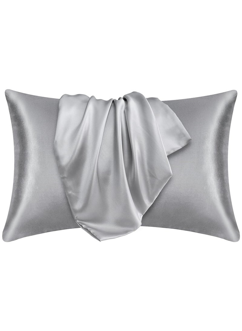 Pillow Cover Silk Satin Pillowcase for Hair and Skin Queen Size Silver Grey - Set of 2 (20X30cm) with Envelope Closure