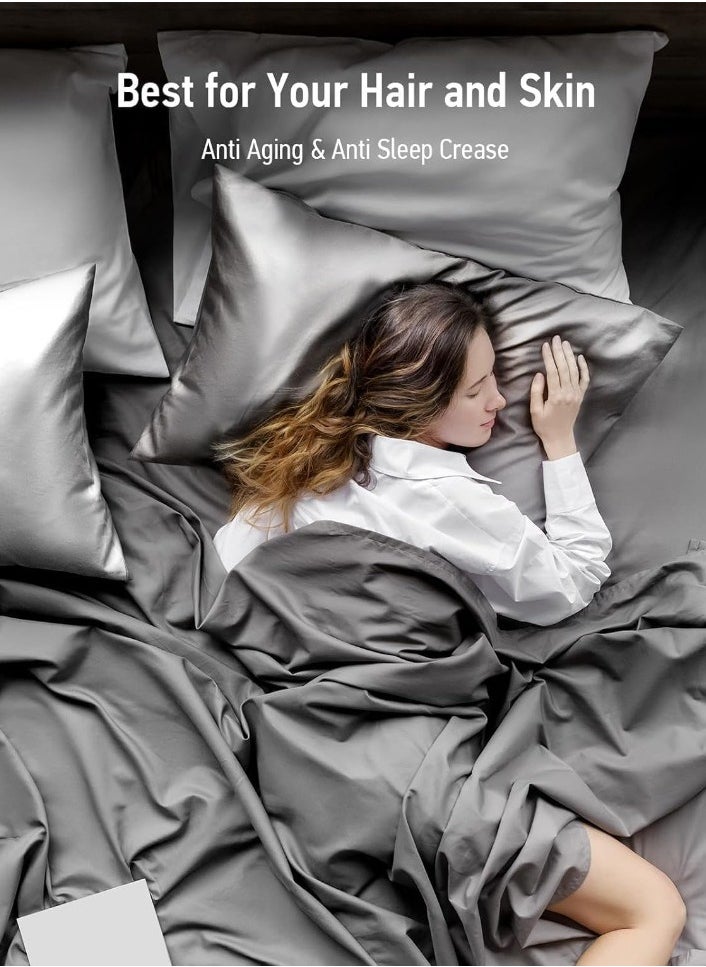 Pillow Cover Silk Satin Pillowcase for Hair and Skin Queen Size Silver Grey - Set of 2 (20X30cm) with Envelope Closure