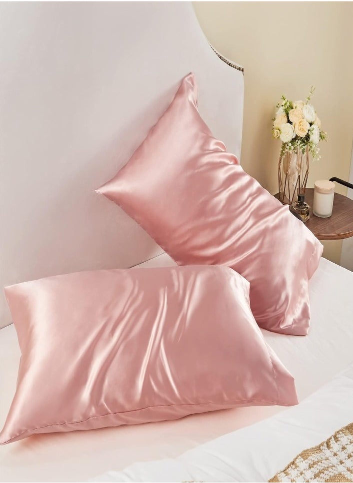 Pillow Cover Silk Satin Pillowcase for Hair and Skin Queen Size Pink - Set of 2 (20X30cm) with Envelope Closure