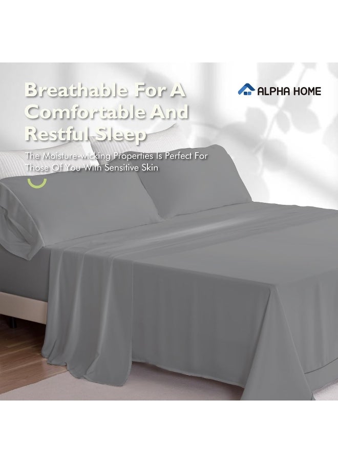 ALPHA HOME Deep Pocket Queen Sheet Set, 100% Organic Viscose Derived from Bamboo, Bedding Sheet Set, Moisture-Wicking Sheet Set, 4 Piece