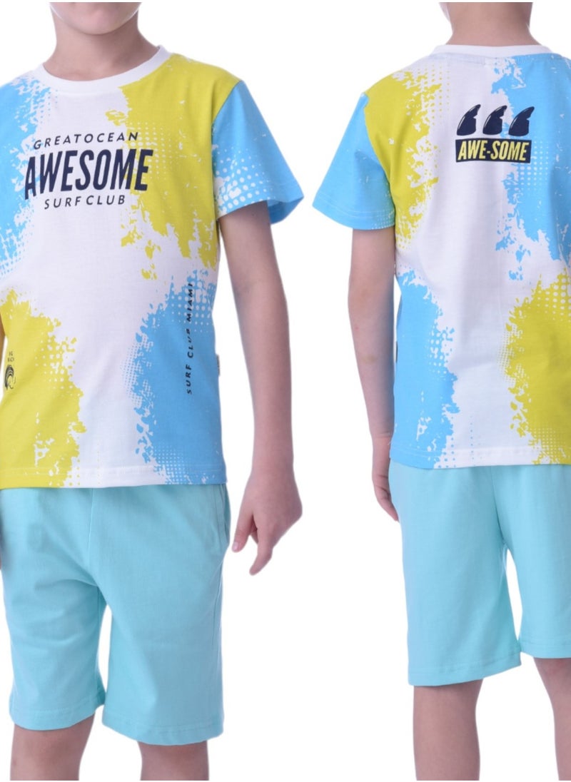 Kids Boys 2 piece Set - T-Shirts & Shorts -Light Blue (100% Cotton)
