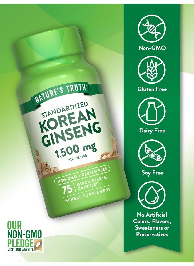 Nature's Truth Korean Ginseng Capsules | 75 Count | Standardized Extract | Non-GMO & Gluten Free Supplement