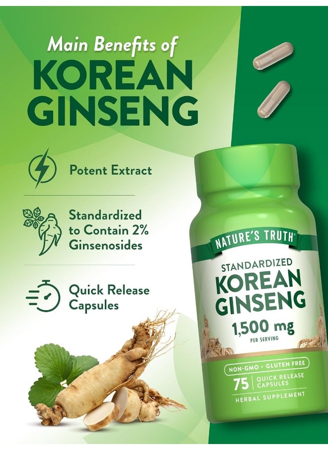 Nature's Truth Korean Ginseng Capsules | 75 Count | Standardized Extract | Non-GMO & Gluten Free Supplement