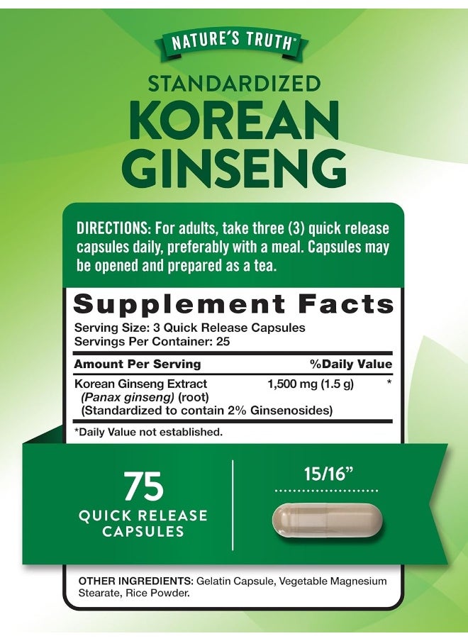 Nature's Truth Korean Ginseng Capsules | 75 Count | Standardized Extract | Non-GMO & Gluten Free Supplement