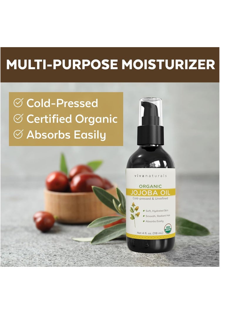 Viva Naturals Organic Jojoba Oil - Pure Cold-Pressed for Skin and Hair, USDA Certified Face Moisturizer, 4 fl. Oz