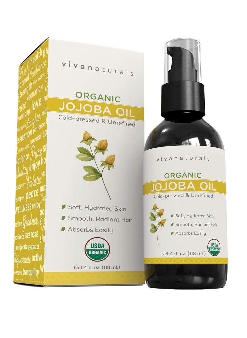 Viva Naturals Organic Jojoba Oil - Pure Cold-Pressed for Skin and Hair, USDA Certified Face Moisturizer, 4 fl. Oz