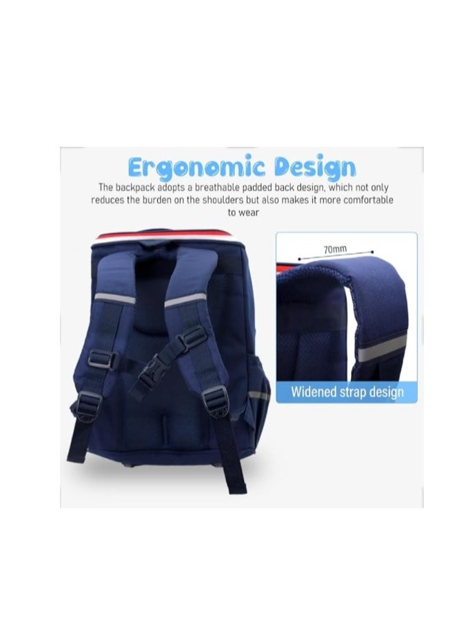 Boys School Backpack, Waterproof Book Bag with compartments for Teens, Boys, Kid, Students, Elementary School Kids' School Bag with Large Capacity, Blue Color, Dinosaur Print, Fully Open Zipper, Widened Strap, Ergonomic Design - 16 inches in size