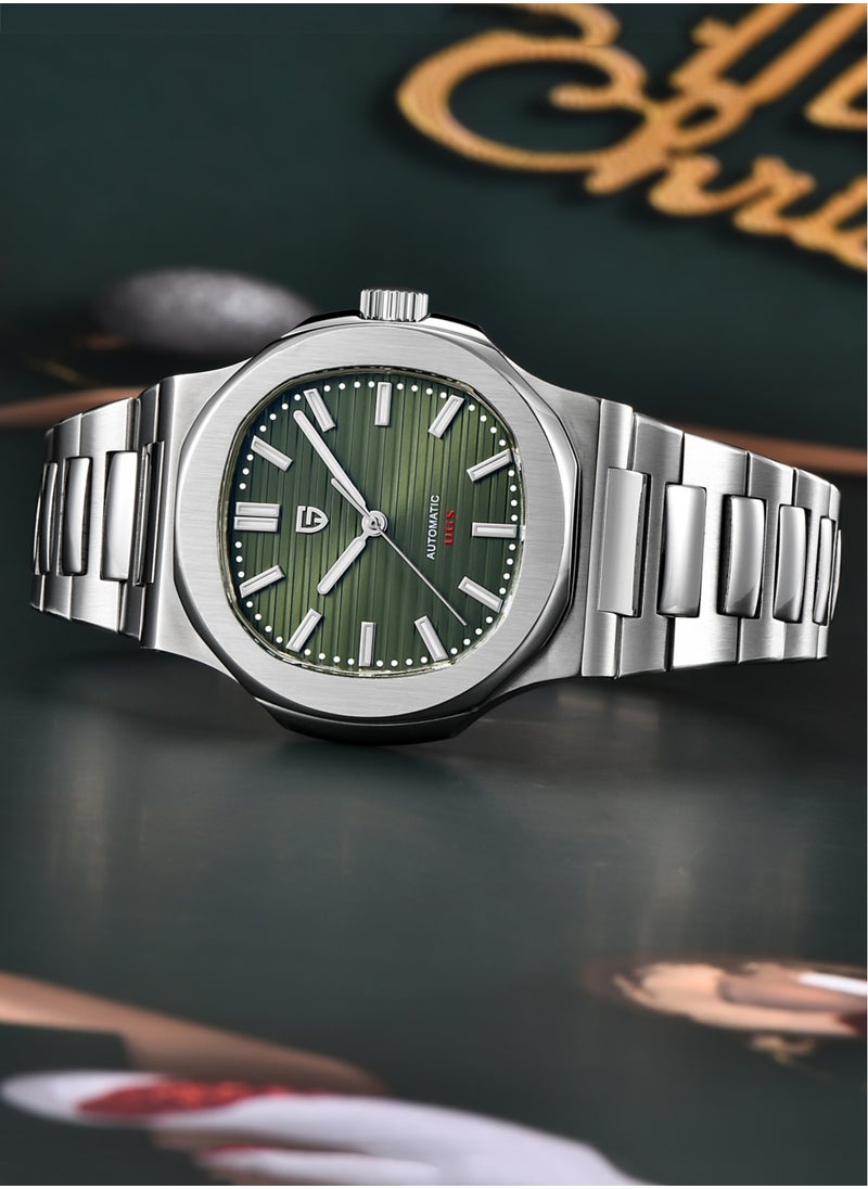 Men's Automatic Watches Stainless Steel Frame Structure Dark Green Dial Silver Steel Band Sports Waterproof Fashion Elegant PD1728