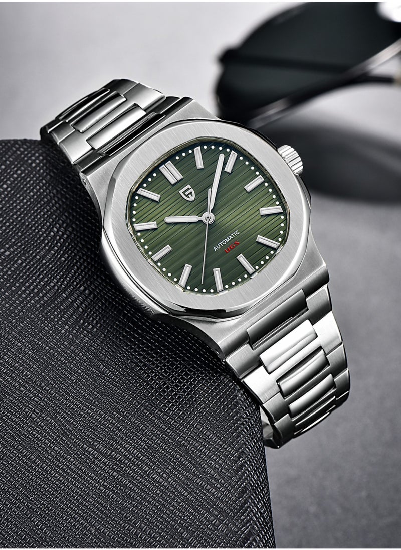 Men's Automatic Watches Stainless Steel Frame Structure Dark Green Dial Silver Steel Band Sports Waterproof Fashion Elegant PD1728