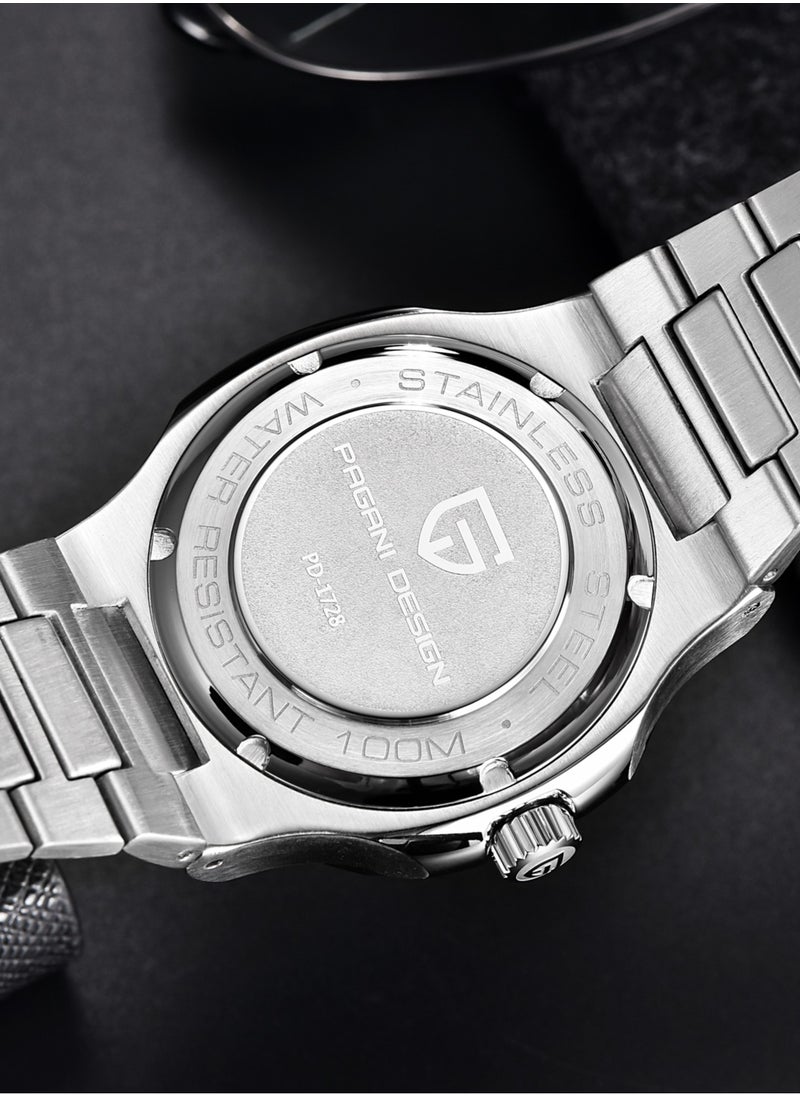 Men's Automatic Watches Stainless Steel Frame Structure Dark Green Dial Silver Steel Band Sports Waterproof Fashion Elegant PD1728