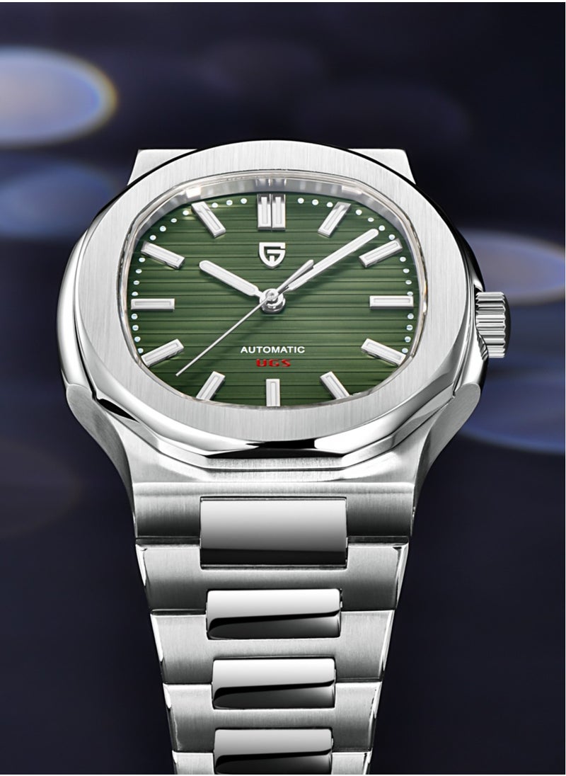 Men's Automatic Watches Stainless Steel Frame Structure Dark Green Dial Silver Steel Band Sports Waterproof Fashion Elegant PD1728