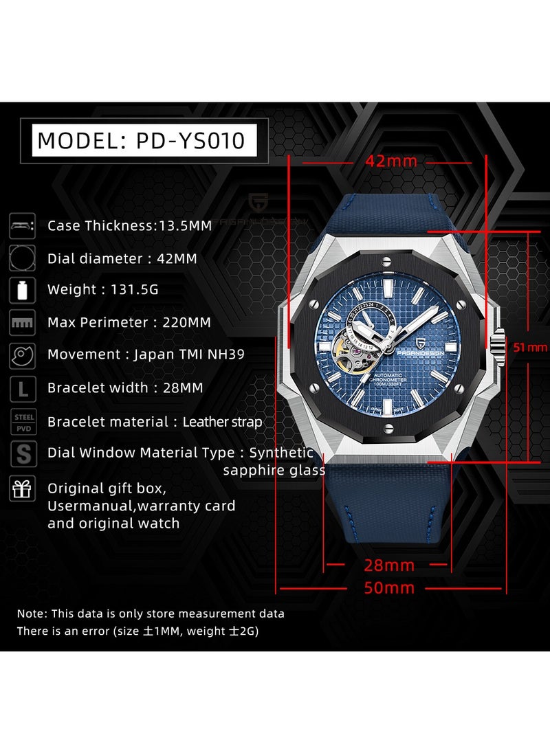 New Fashion Men's Automatic Mechanical Watches, 42MM Stainless Steel Frame With Synthetic Sapphire Watch Window And Luminous Hands, Leather Strap, Fashionable And Versatile, PD YS010