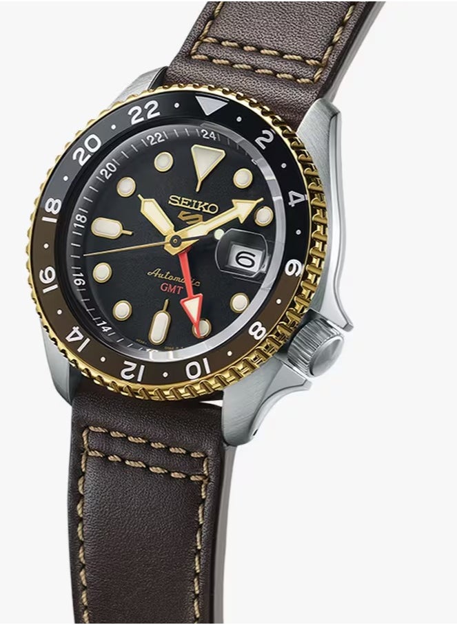Mens 5 Sports SKX GMT Automatic Mocha Black Dial Brown Leather Strap Watch - SSK036K1