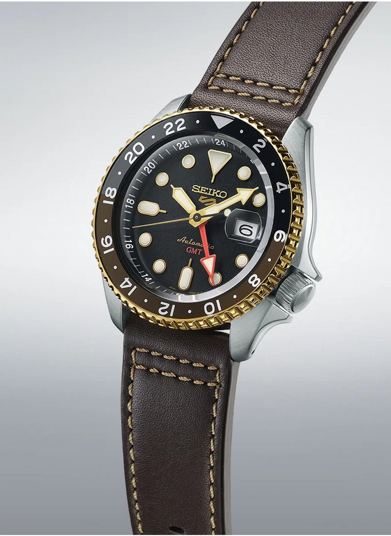 Mens 5 Sports SKX GMT Automatic Mocha Black Dial Brown Leather Strap Watch - SSK036K1