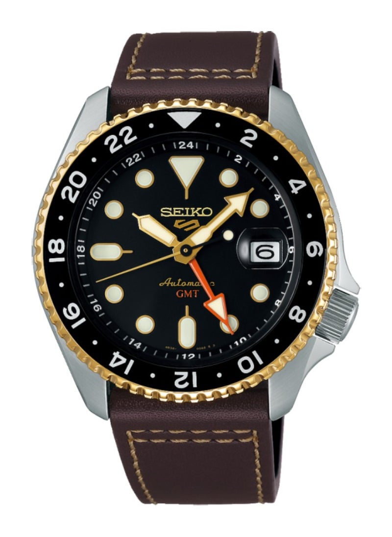 Mens 5 Sports SKX GMT Automatic Mocha Black Dial Brown Leather Strap Watch - SSK036K1